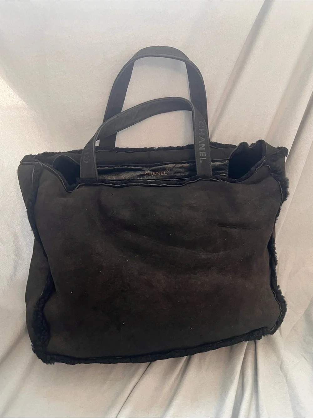 CHANEL Black Mouton Suede Shearling Bag Vintage 90s